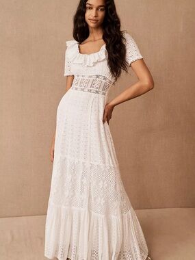 Loveshackfancy Elegant White Eyelet Maxi Dress with Ruffle Neck